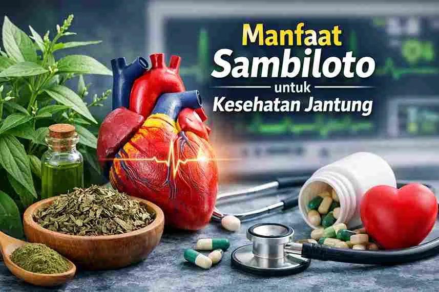 Tanaman sambiloto dengan ilustrasi jantung manusia sebagai simbol manfaat sambiloto untuk kesehatan jantung.