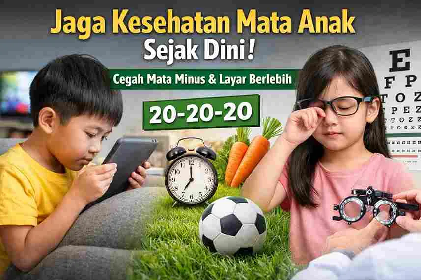 Anak menggunakan gawai dan anak berkacamata dengan mata lelah sebagai ilustrasi pencegahan mata minus sejak dini.