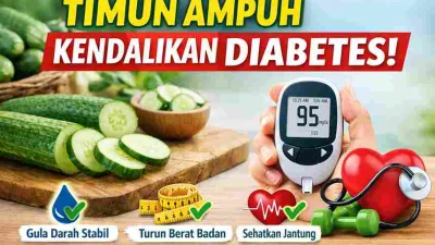 Timun segar dengan alat cek gula darah sebagai simbol makanan sehat untuk penderita diabetes