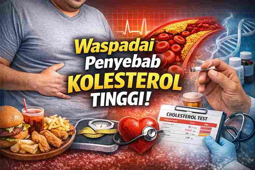 Ilustrasi penyebab kolesterol tinggi seperti makanan berlemak, rokok, dan hasil tes kolesterol dengan pembuluh darah tersumbat.