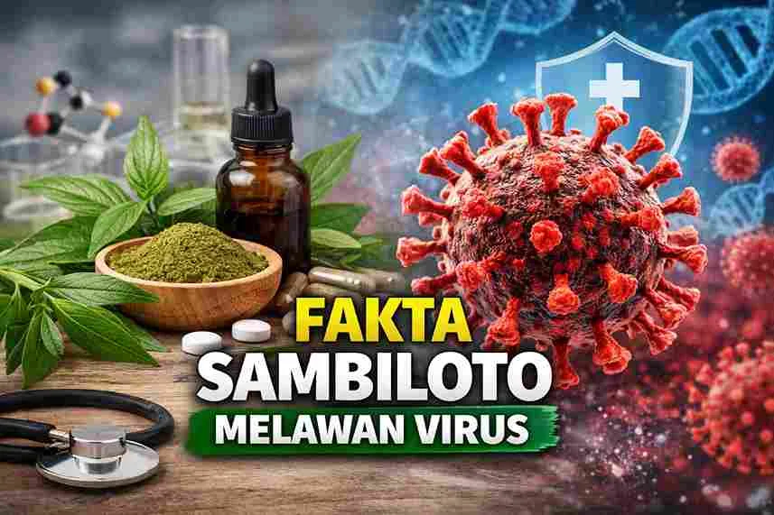 Ilustrasi sambiloto sebagai herbal antivirus alami berdampingan dengan visual virus dan simbol perlindungan kesehatan.