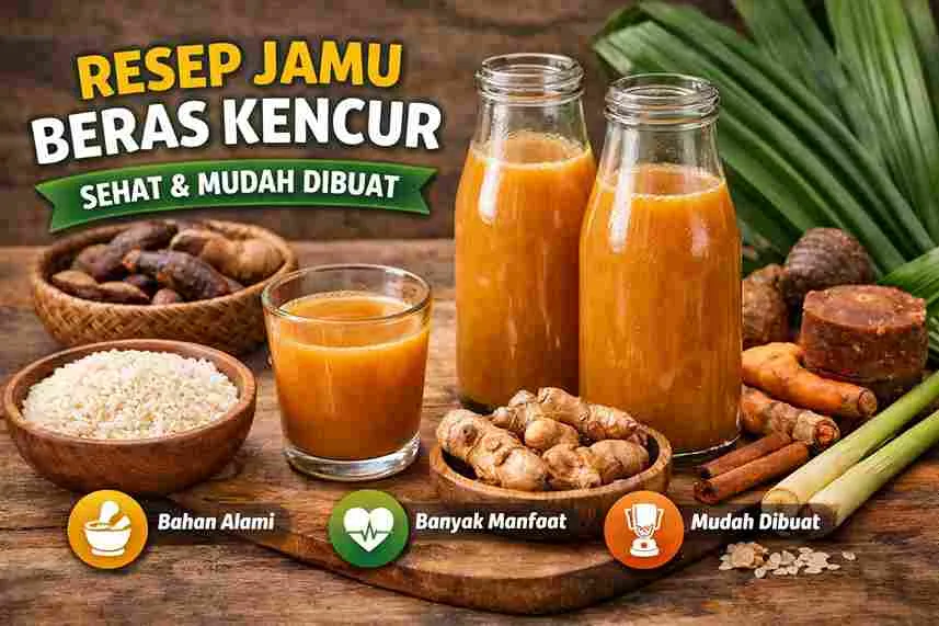 Jamu beras kencur tradisional dalam botol kaca dengan bahan alami seperti kencur, beras, jahe, dan kunyit