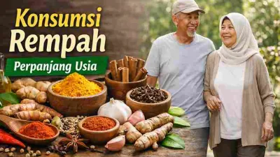Ilustrasi rempah Nusantara seperti kunyit, jahe, kayu manis, dan cengkeh dengan pasangan lansia sehat sebagai simbol umur panjang alami.