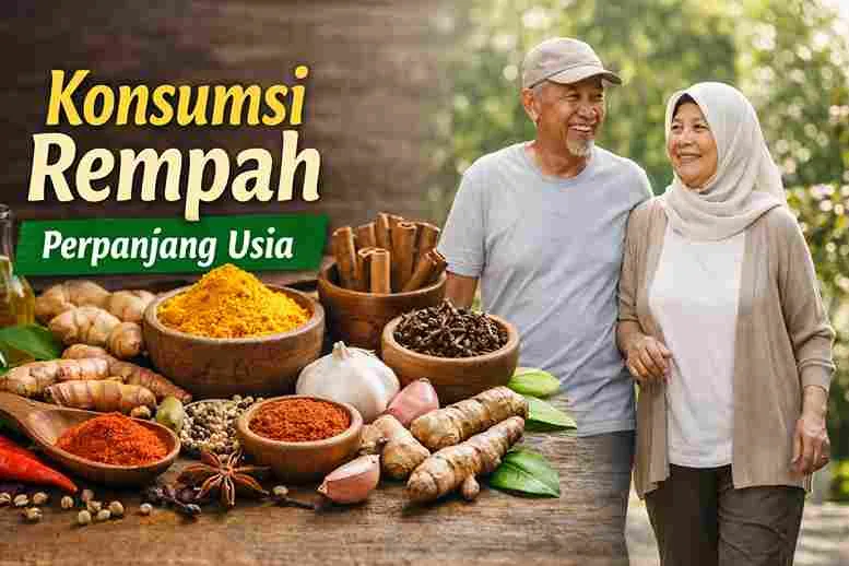 Ilustrasi rempah Nusantara seperti kunyit, jahe, kayu manis, dan cengkeh dengan pasangan lansia sehat sebagai simbol umur panjang alami.