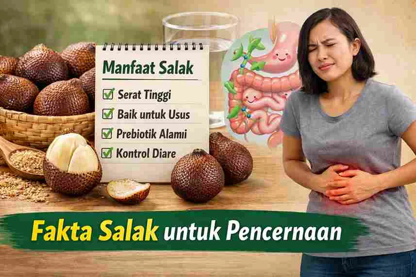 Buah salak matang dan ilustrasi sistem pencernaan yang menunjukkan manfaat salak untuk melancarkan pencernaan dan menjaga kesehatan usus.