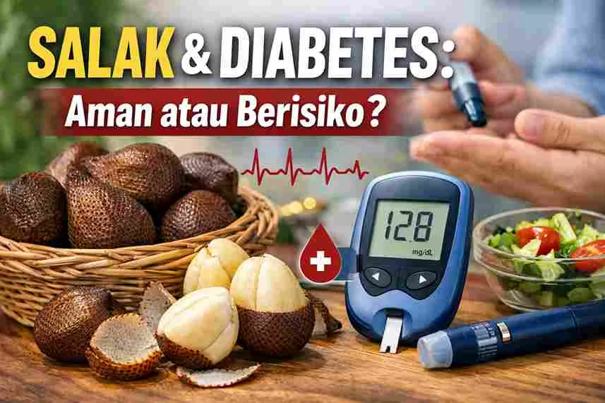 “Buah salak segar dengan alat cek gula darah sebagai ilustrasi hubungan salak dan kadar gula darah pada penderita diabetes.”