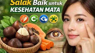 Buah salak segar dengan ilustrasi mata sehat sebagai simbol manfaat salak untuk menjaga kesehatan dan ketajaman penglihatan.