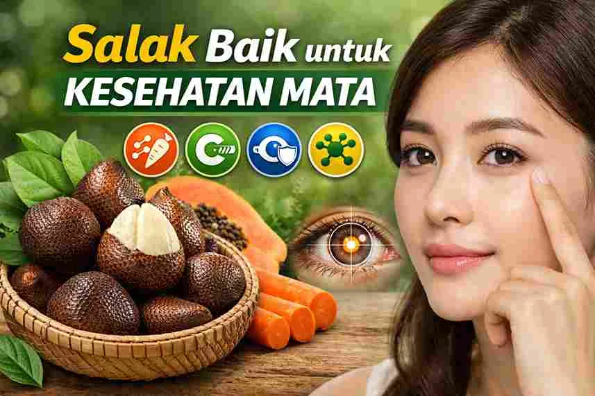 Buah salak segar dengan ilustrasi mata sehat sebagai simbol manfaat salak untuk menjaga kesehatan dan ketajaman penglihatan.