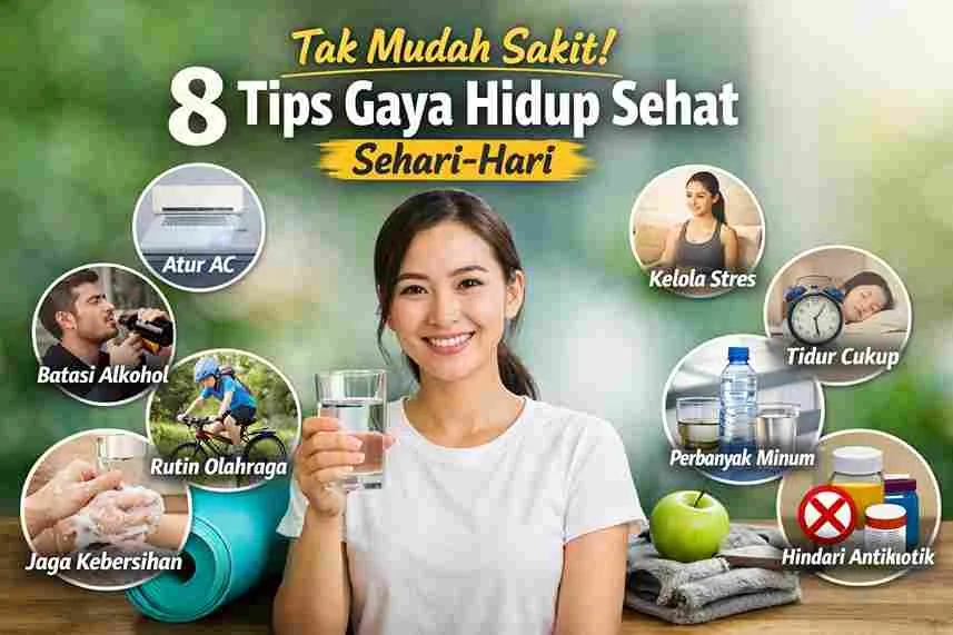 Ilustrasi gaya hidup sehat sehari-hari dengan kebiasaan minum air putih, olahraga ringan, dan menjaga daya tahan tubuh.