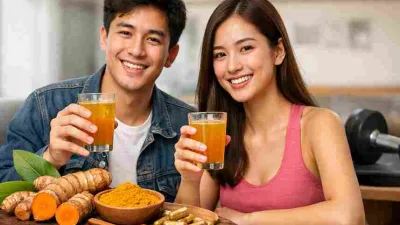 Anak muda menikmati minuman temulawak sebagai jamu modern untuk menjaga energi, fokus, dan daya tahan tubuh.