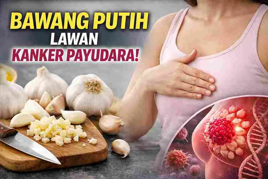 Thumbnail artikel tentang manfaat bawang putih dalam membantu mengurangi risiko kanker payudara, menampilkan bawang putih, wanita memeriksa payudara, dan ilustrasi sel kanker.