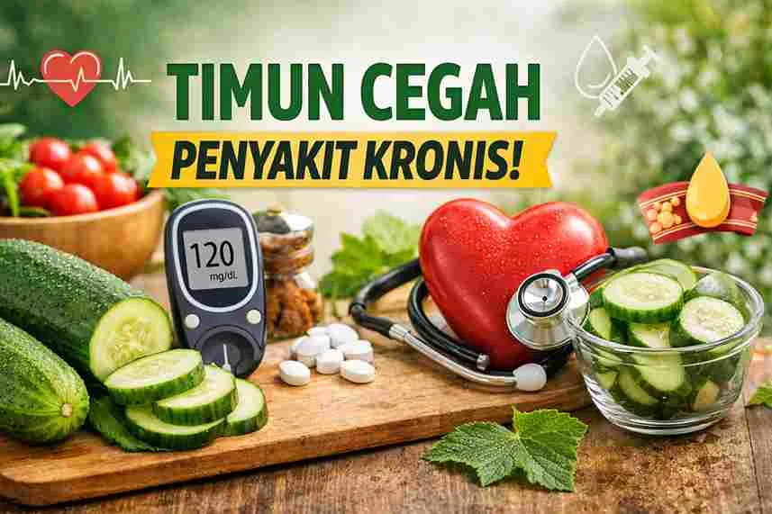 Timun segar dengan alat cek gula darah dan ikon jantung sebagai simbol pencegahan penyakit kronis secara alami