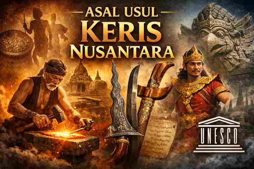 Ilustrasi empu menempa keris dengan latar candi dan prajurit Nusantara, menggambarkan sejarah keris hingga diakui UNESCO.