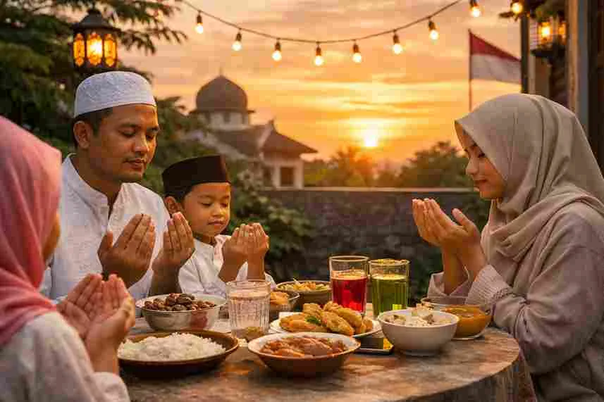 Keluarga Muslim Indonesia berdoa bersama saat berbuka puasa di waktu magrib dengan hidangan khas Ramadan dan latar masjid.