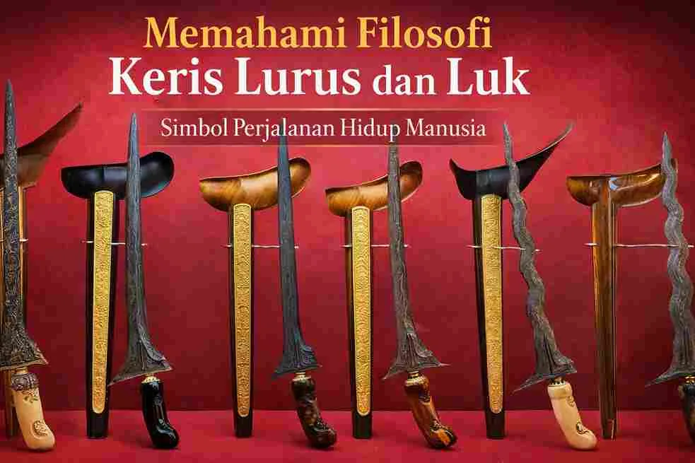 Deretan keris lurus dan keris luk dengan latar merah menampilkan perbedaan bentuk bilah sebagai simbol filosofi kehidupan dalam budaya Jawa.