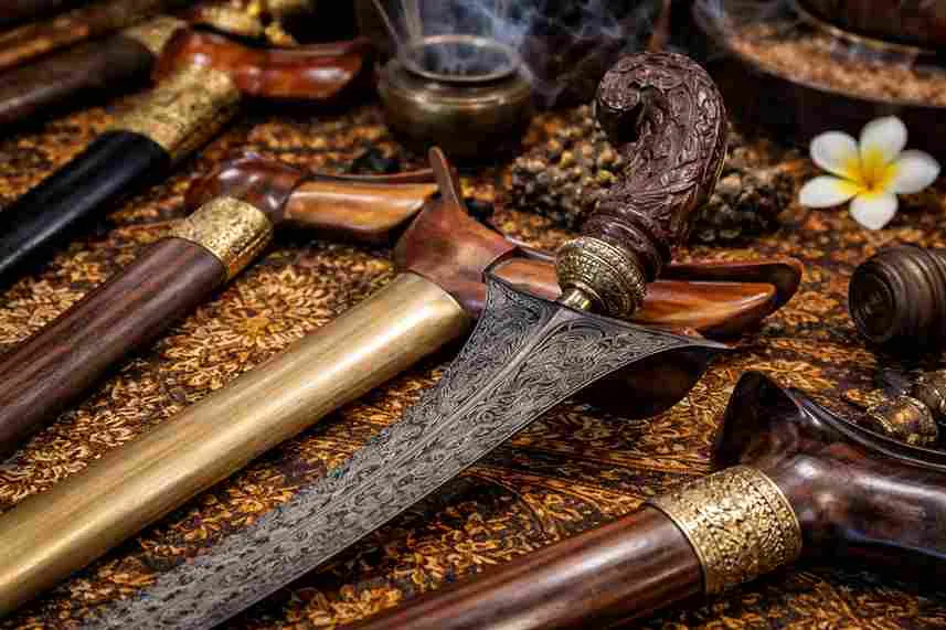 Sebilah keris Jawa dengan pamor indah dan warangka kayu berukir di atas kain batik motif klasik.