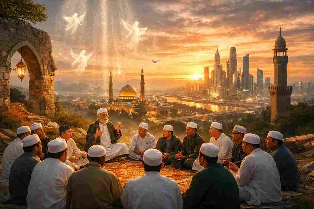 Majelis dzikir di atas bukit saat matahari terbenam dengan latar masjid dan kota modern, menggambarkan harmoni spiritual dan peradaban
