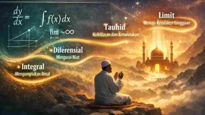 Ilustrasi lanskap perpaduan kalkulus dan tauhid: simbol diferensial, integral, dan limit menyatu dengan sosok yang berdoa di depan masjid bercahaya sebagai simbol keikhlasan dan perjalanan menuju Allah.