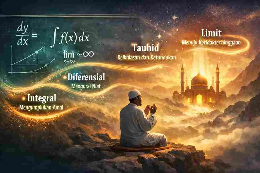 Ilustrasi lanskap perpaduan kalkulus dan tauhid: simbol diferensial, integral, dan limit menyatu dengan sosok yang berdoa di depan masjid bercahaya sebagai simbol keikhlasan dan perjalanan menuju Allah.